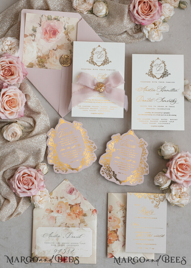 Vintage Baroque Wedding Invitation suite Beige Golden Fine art Roses Wedding Invitations with rsvp Victorian wedding crest Chinoiserie Invites Royal Ornamental frame-7