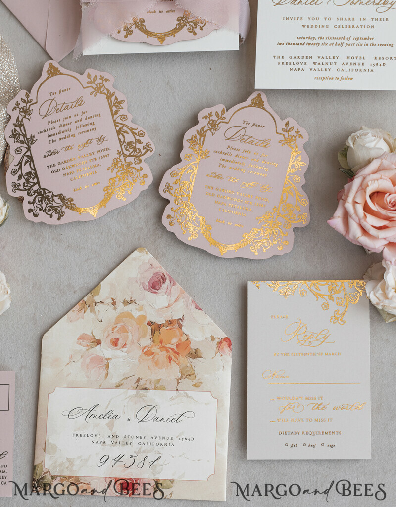 Vintage Baroque Wedding Invitation suite Beige Golden Fine art Roses Wedding Invitations with rsvp Victorian wedding crest Chinoiserie Invites Royal Ornamental frame-8