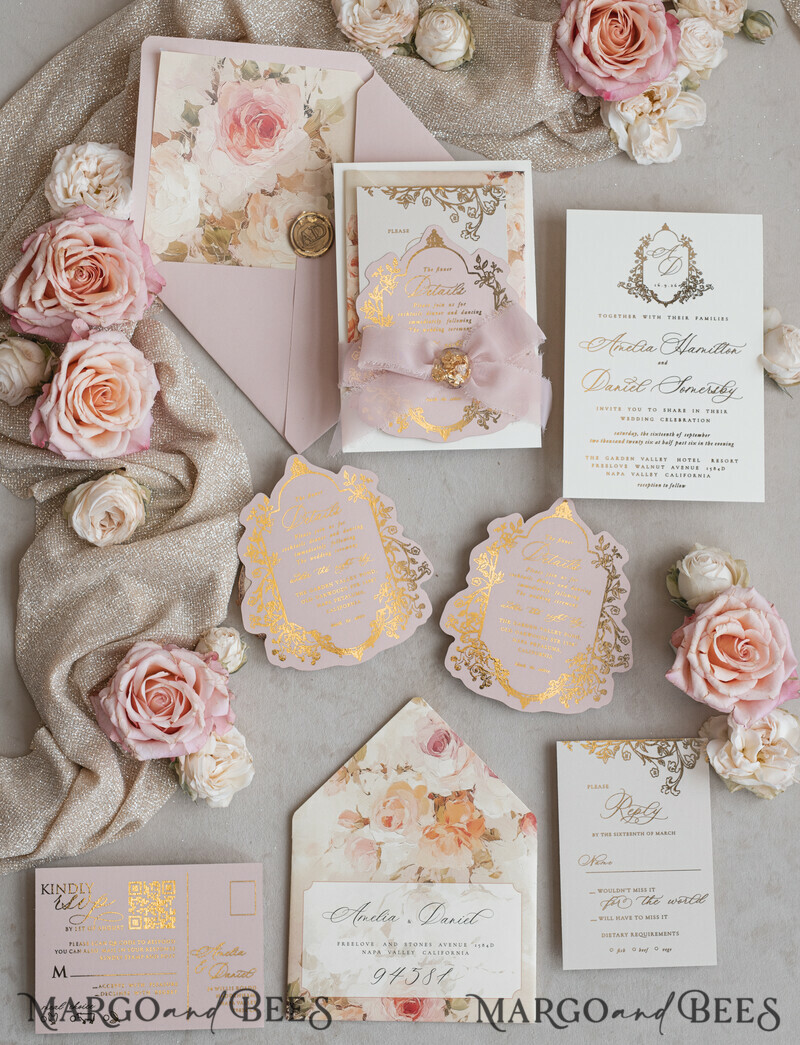 Vintage Baroque Wedding Invitation suite Beige Golden Fine art Roses Wedding Invitations with rsvp Victorian wedding crest Chinoiserie Invites Royal Ornamental frame-9