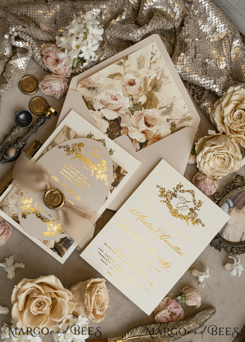 Vintage Baroque Wedding Invitation suite Beige Golden Fine art Roses Wedding Invitations with rsvp Victorian wedding crest Chinoiserie Invites Royal Ornamental frame-2