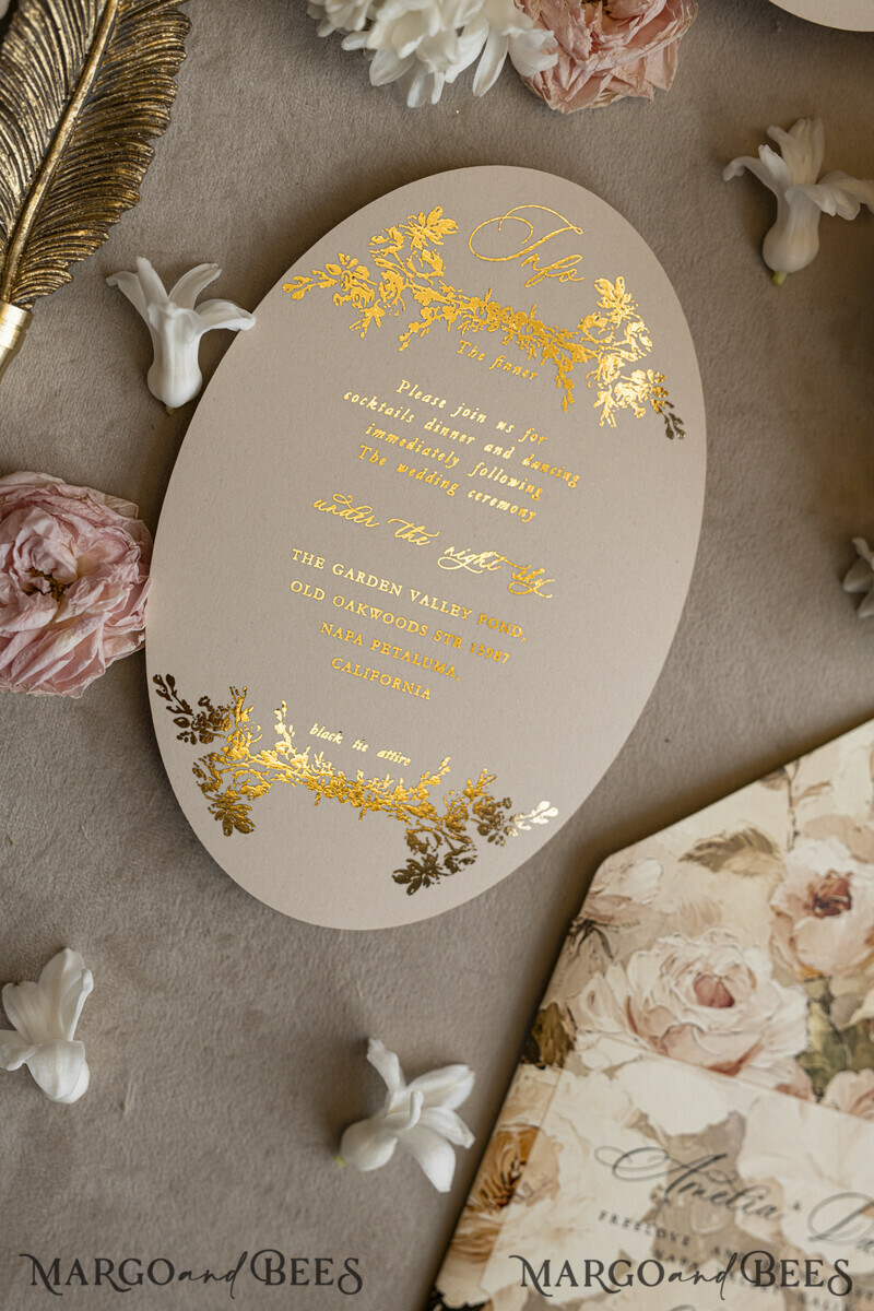 Vintage Baroque Wedding Invitation suite Beige Golden Fine art Roses Wedding Invitations with rsvp Victorian wedding crest Chinoiserie Invites Royal Ornamental frame-11