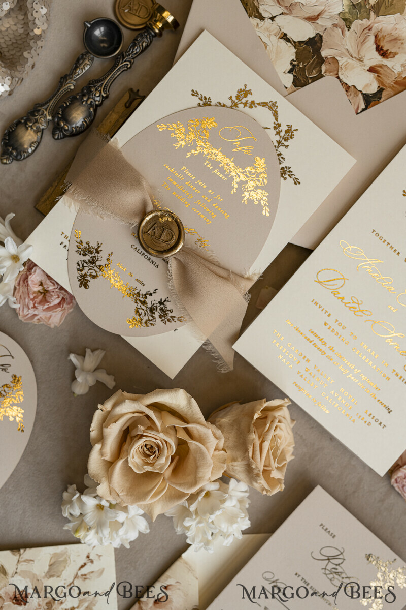 Vintage Baroque Wedding Invitation suite Beige Golden Fine art Roses Wedding Invitations with rsvp Victorian wedding crest Chinoiserie Invites Royal Ornamental frame-13