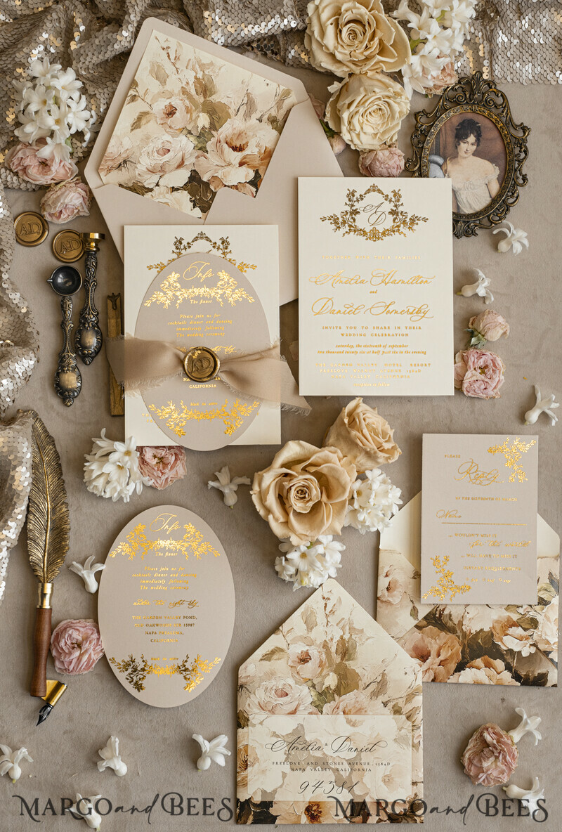 Vintage Baroque Wedding Invitation suite Beige Golden Fine art Roses Wedding Invitations with rsvp Victorian wedding crest Chinoiserie Invites Royal Ornamental frame-14