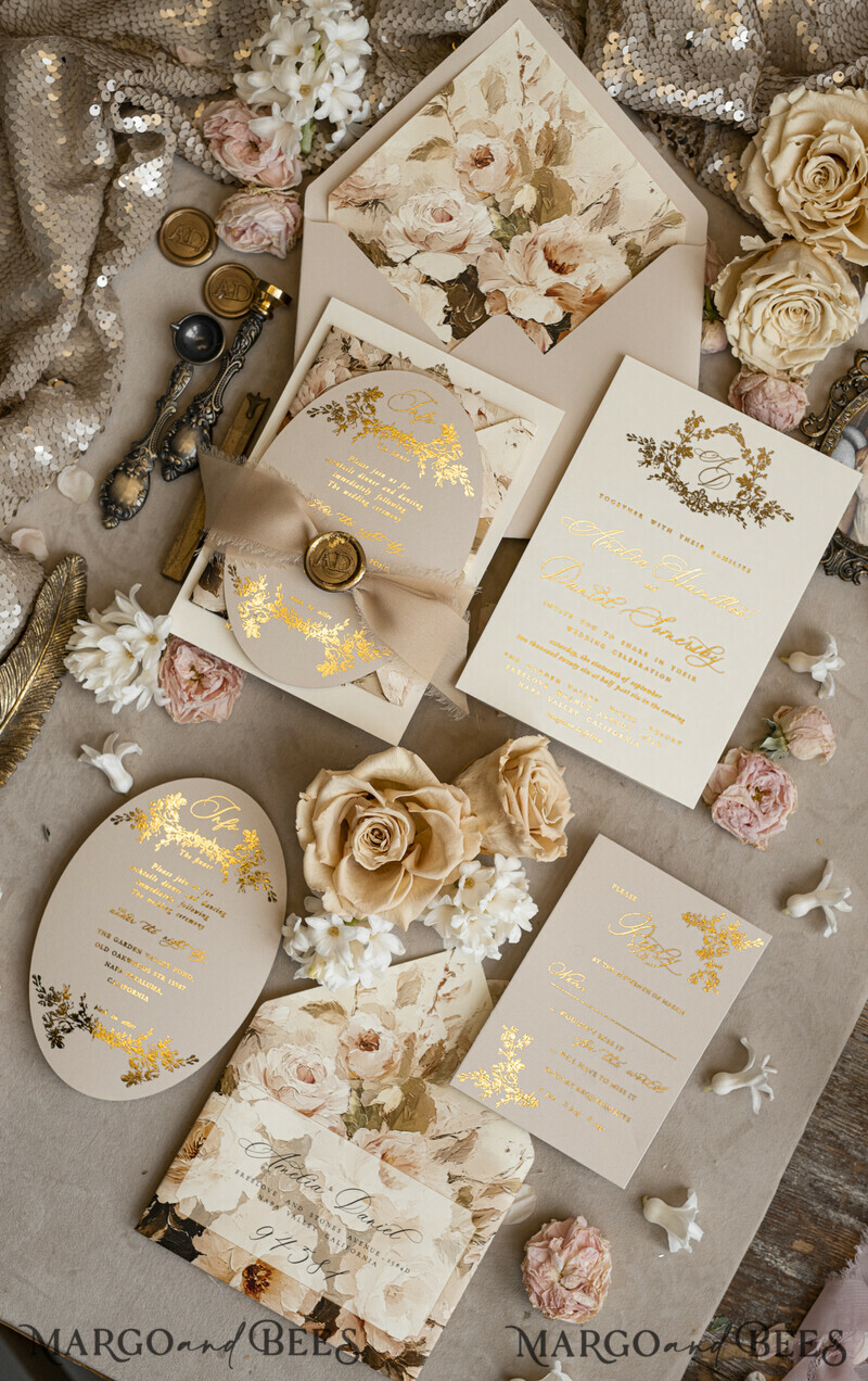 Vintage Baroque Wedding Invitation suite Beige Golden Fine art Roses Wedding Invitations with rsvp Victorian wedding crest Chinoiserie Invites Royal Ornamental frame-15