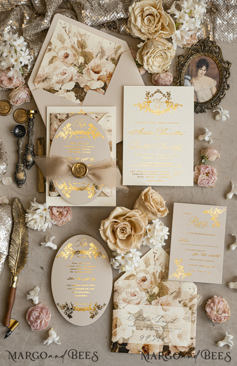 Vintage Baroque Wedding Invitation suite Beige Golden Fine art Roses Wedding Invitations with rsvp Victorian wedding crest Chinoiserie Invites Royal Ornamental frame-16