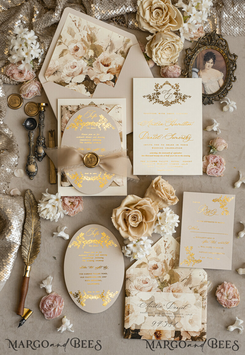 Vintage Baroque Wedding Invitation suite Beige Golden Fine art Roses Wedding Invitations with rsvp Victorian wedding crest Chinoiserie Invites Royal Ornamental frame-17