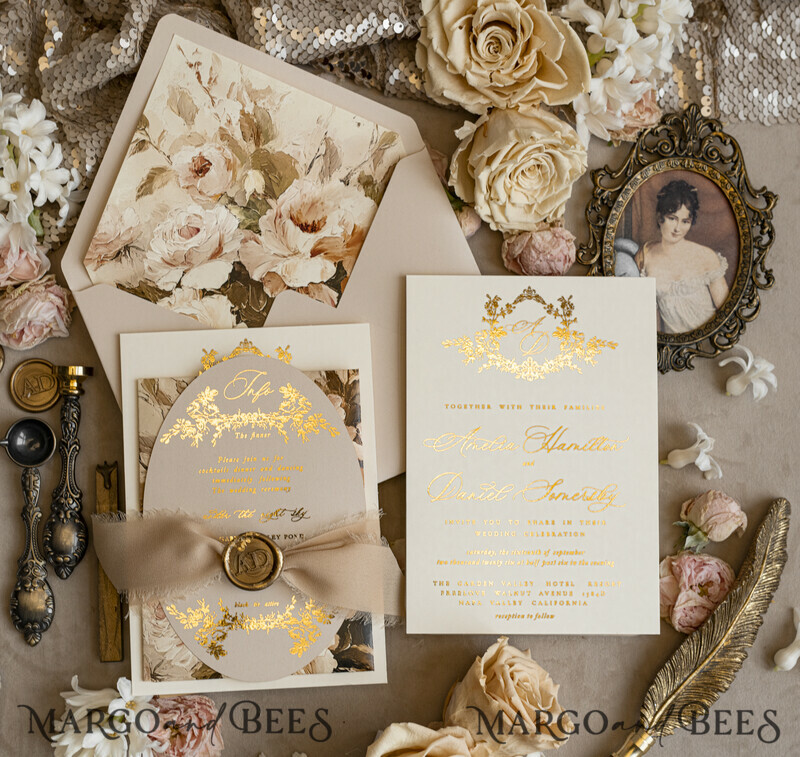 Vintage Baroque Wedding Invitation suite Beige Golden Fine art Roses Wedding Invitations with rsvp Victorian wedding crest Chinoiserie Invites Royal Ornamental frame-3