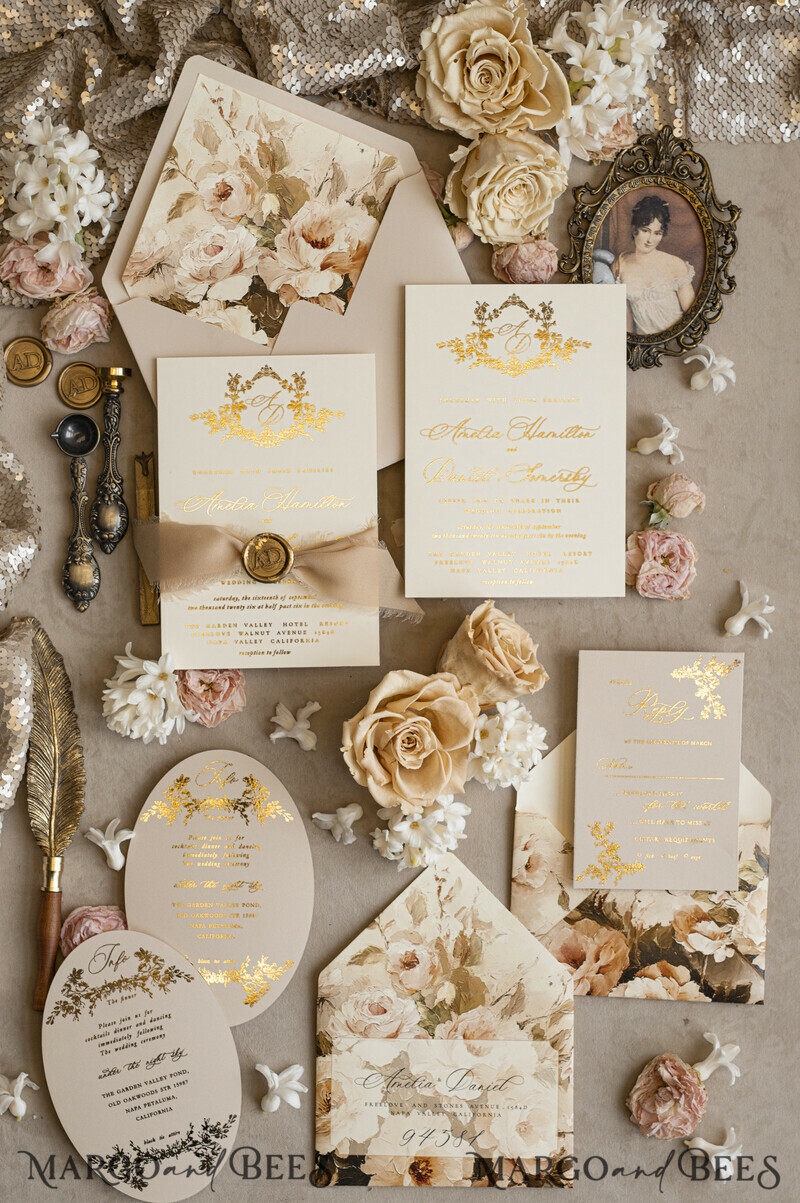 Vintage Baroque Wedding Invitation suite Beige Golden Fine art Roses Wedding Invitations with rsvp Victorian wedding crest Chinoiserie Invites Royal Ornamental frame-6