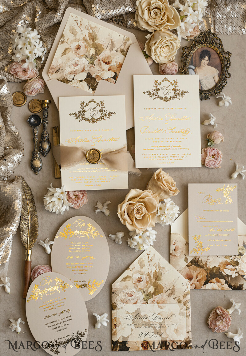 Vintage Baroque Wedding Invitation suite Beige Golden Fine art Roses Wedding Invitations with rsvp Victorian wedding crest Chinoiserie Invites Royal Ornamental frame-7