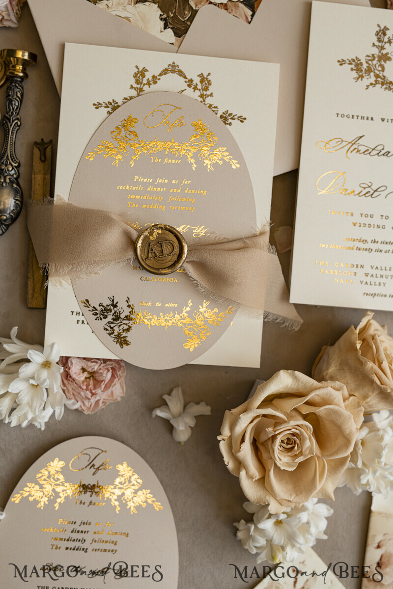 Vintage Baroque Wedding Invitation suite Beige Golden Fine art Roses Wedding Invitations with rsvp Victorian wedding crest Chinoiserie Invites Royal Ornamental frame-8