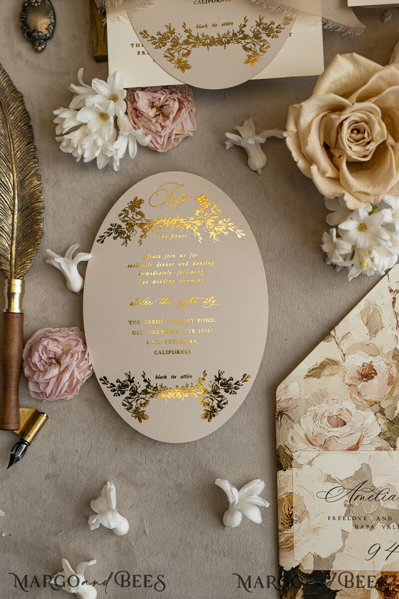 Vintage Baroque Wedding Invitation suite Beige Golden Fine art Roses Wedding Invitations with rsvp Victorian wedding crest Chinoiserie Invites Royal Ornamental frame-10