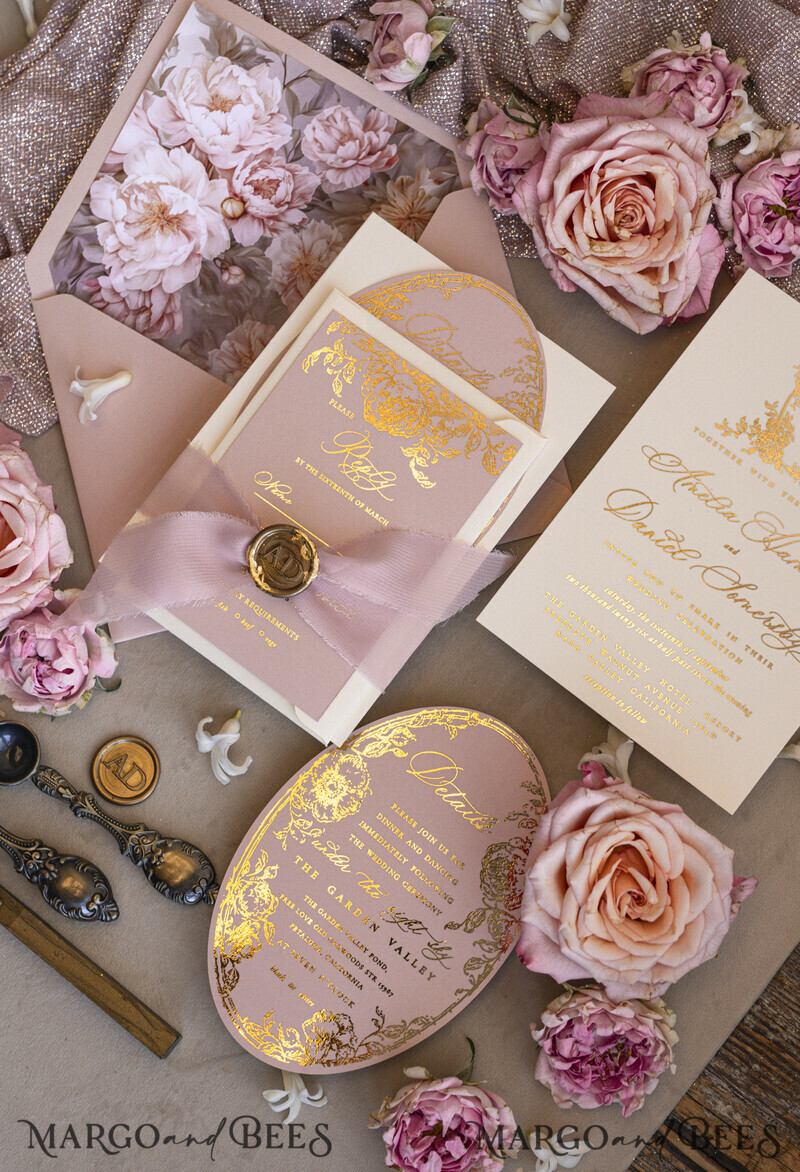 Vintage Baroque Wedding Invitation suite Beige Golden Fine art Roses Wedding Invitations with rsvp Victorian wedding crest Chinoiserie Invites Royal Ornamental frame-3