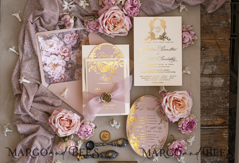 Vintage Baroque Wedding Invitation suite Beige Golden Fine art Roses Wedding Invitations with rsvp Victorian wedding crest Chinoiserie Invites Royal Ornamental frame-4