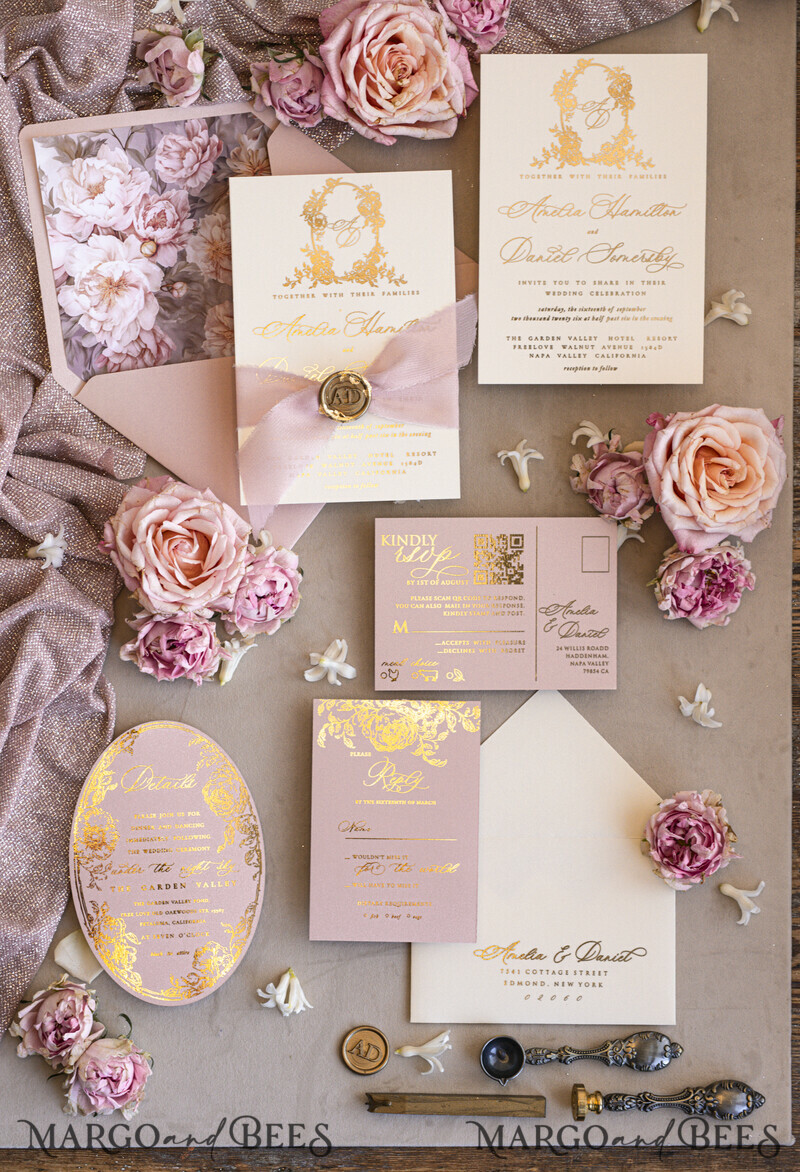 Vintage Baroque Wedding Invitation suite Beige Golden Fine art Roses Wedding Invitations with rsvp Victorian wedding crest Chinoiserie Invites Royal Ornamental frame-5