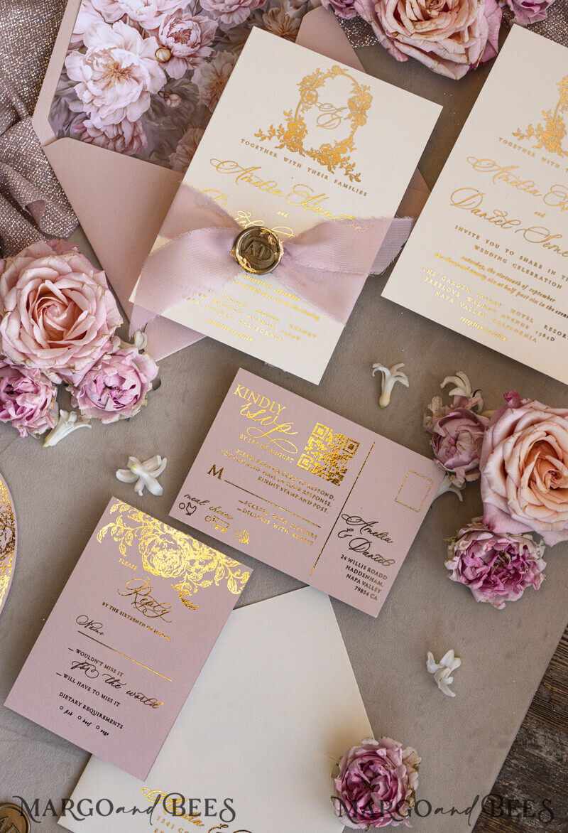 Vintage Baroque Wedding Invitation suite Beige Golden Fine art Roses Wedding Invitations with rsvp Victorian wedding crest Chinoiserie Invites Royal Ornamental frame-0