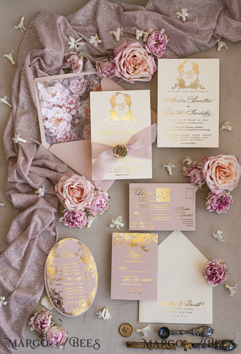 Vintage Baroque Wedding Invitation suite Beige Golden Fine art Roses Wedding Invitations with rsvp Victorian wedding crest Chinoiserie Invites Royal Ornamental frame-8