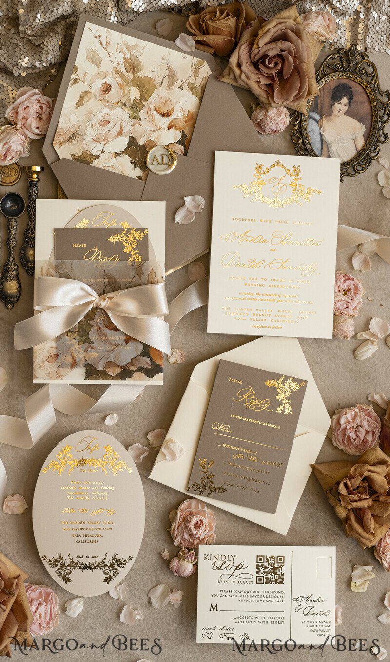 Vintage Baroque Wedding Invitation suite Beige Golden Fine art Roses Wedding Invitations with rsvp Victorian wedding crest Chinoiserie Invites Royal Ornamental frame-18