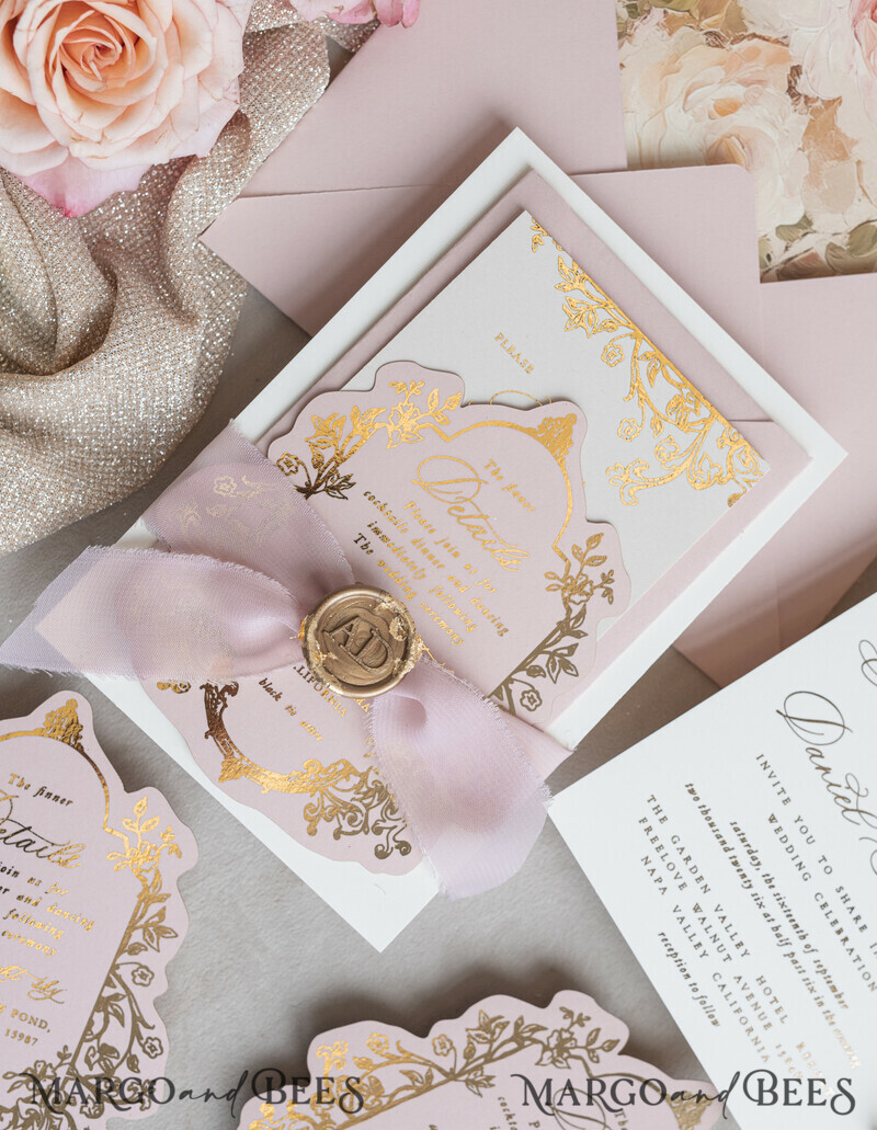 Vintage Baroque Wedding Invitation suite Beige Golden Fine art Roses Wedding Invitations with rsvp Victorian wedding crest Chinoiserie Invites Royal Ornamental frame-1