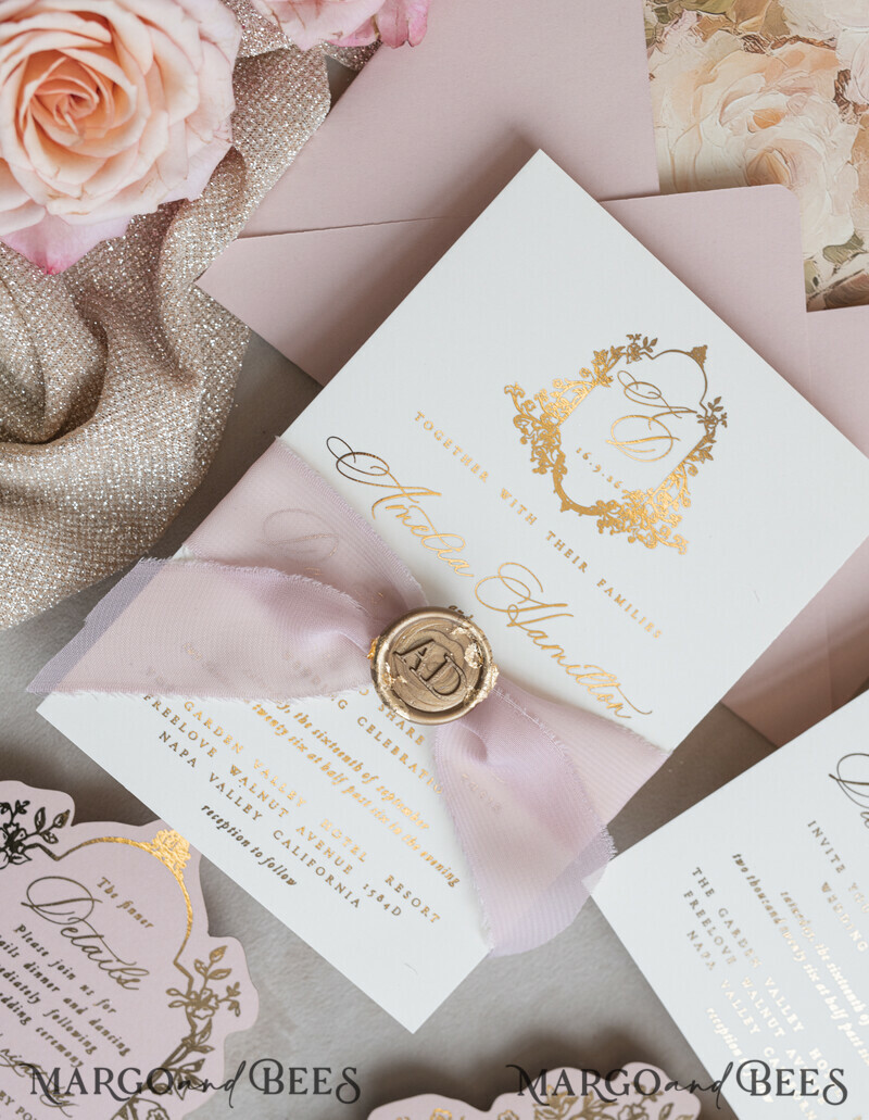 Vintage Baroque Wedding Invitation suite Beige Golden Fine art Roses Wedding Invitations with rsvp Victorian wedding crest Chinoiserie Invites Royal Ornamental frame-7