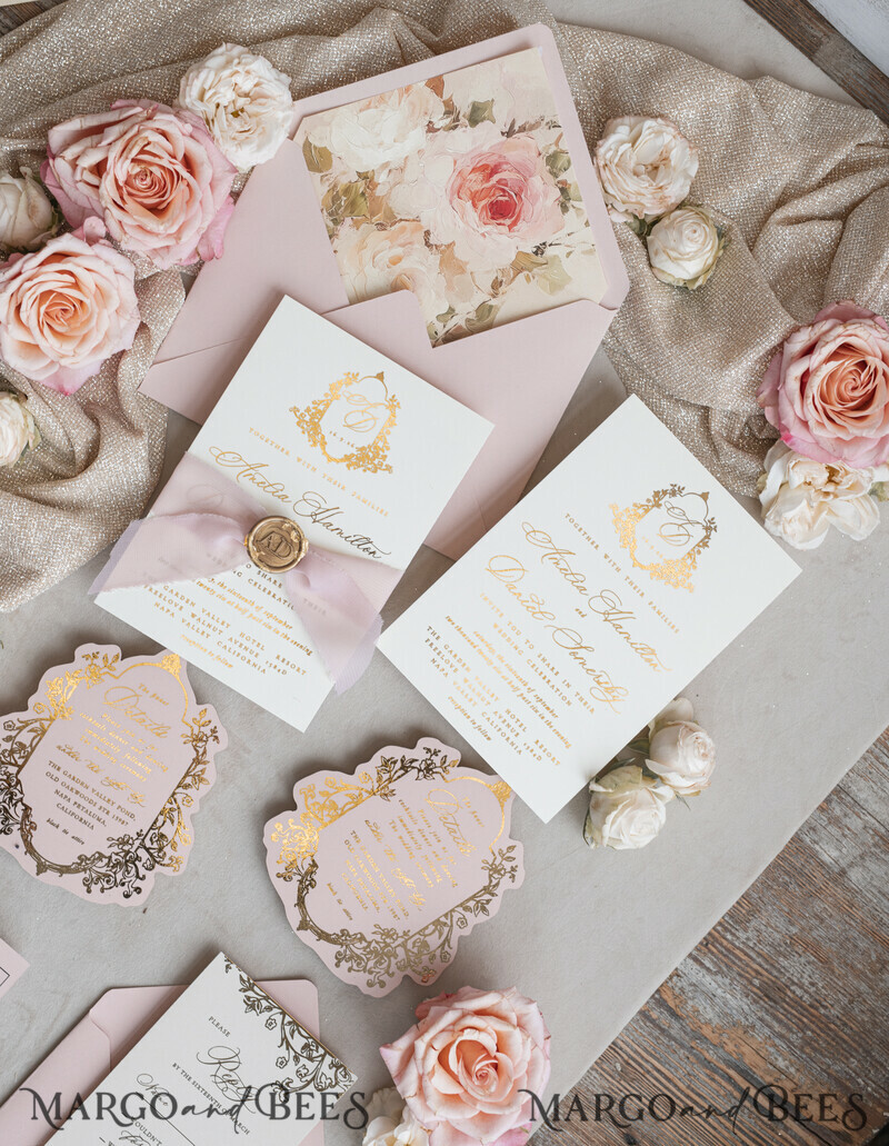 Vintage Baroque Wedding Invitation suite Beige Golden Fine art Roses Wedding Invitations with rsvp Victorian wedding crest Chinoiserie Invites Royal Ornamental frame-8