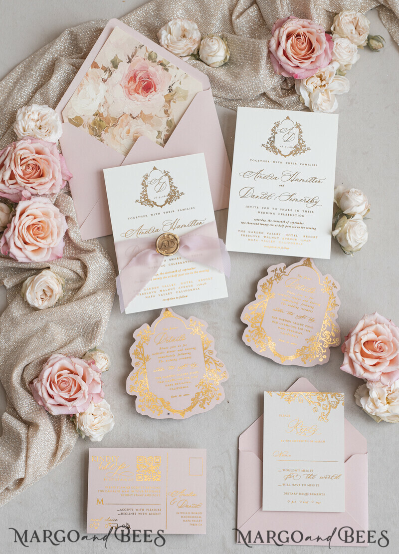 Vintage Baroque Wedding Invitation suite Beige Golden Fine art Roses Wedding Invitations with rsvp Victorian wedding crest Chinoiserie Invites Royal Ornamental frame-9