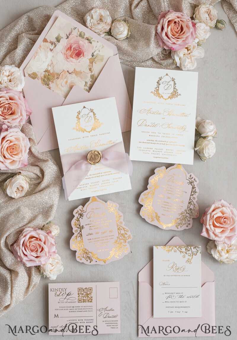 Vintage Baroque Wedding Invitation suite Beige Golden Fine art Roses Wedding Invitations with rsvp Victorian wedding crest Chinoiserie Invites Royal Ornamental frame-10