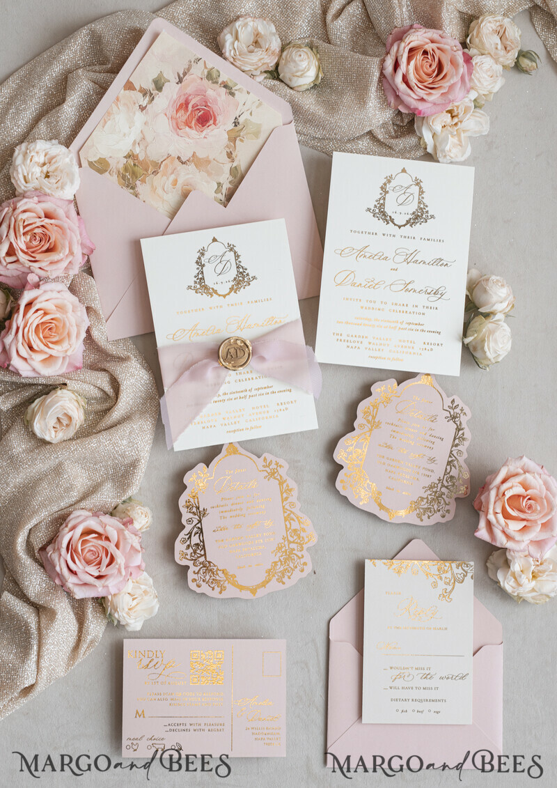 Vintage Baroque Wedding Invitation suite Beige Golden Fine art Roses Wedding Invitations with rsvp Victorian wedding crest Chinoiserie Invites Royal Ornamental frame-11