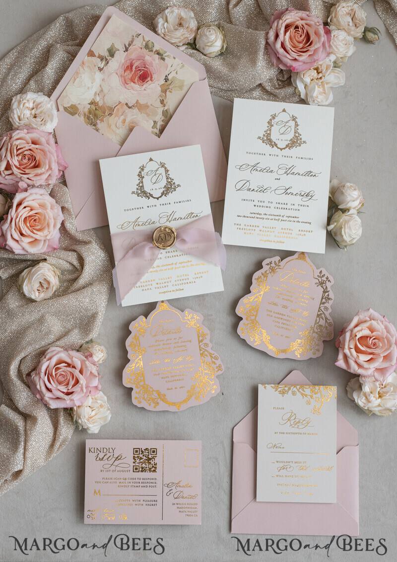 Vintage Baroque Wedding Invitation suite Beige Golden Fine art Roses Wedding Invitations with rsvp Victorian wedding crest Chinoiserie Invites Royal Ornamental frame-12