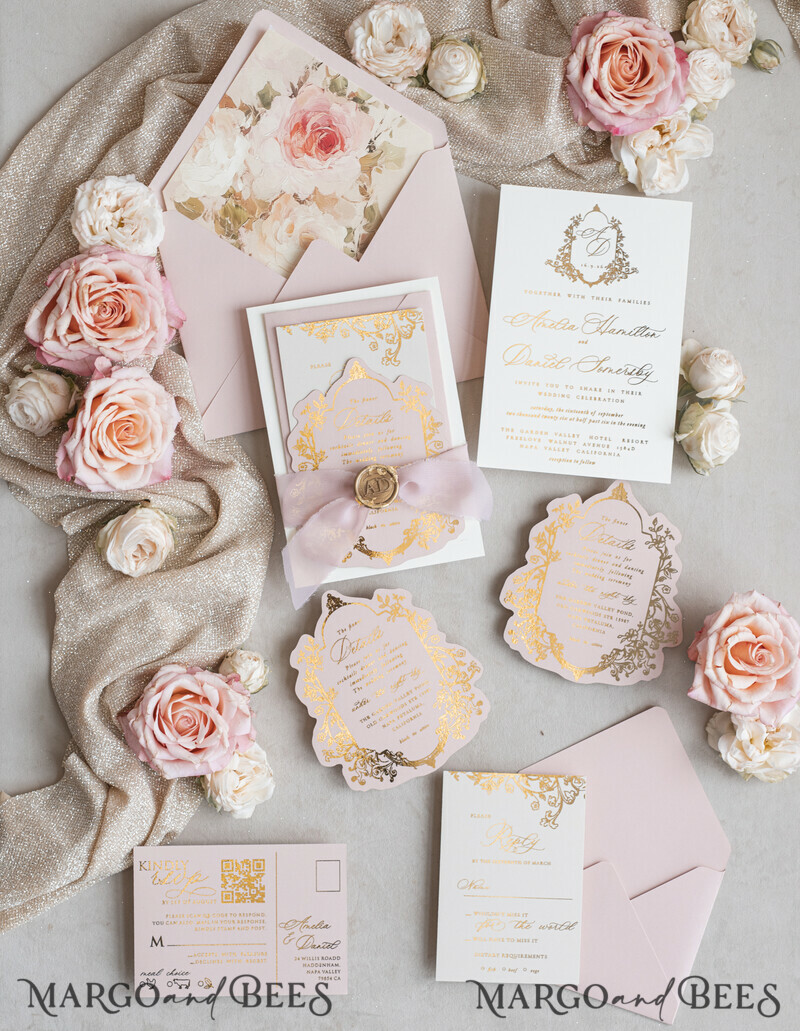 Vintage Baroque Wedding Invitation suite Beige Golden Fine art Roses Wedding Invitations with rsvp Victorian wedding crest Chinoiserie Invites Royal Ornamental frame-0