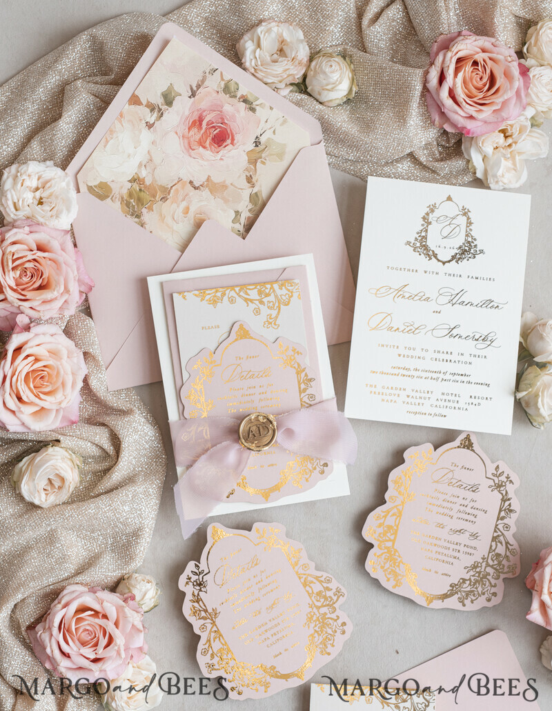 Vintage Baroque Wedding Invitation suite Beige Golden Fine art Roses Wedding Invitations with rsvp Victorian wedding crest Chinoiserie Invites Royal Ornamental frame-2