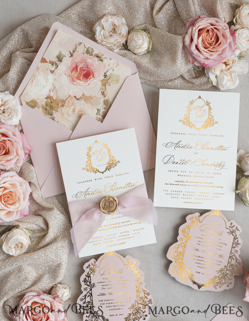 Vintage Baroque Wedding Invitation suite Beige Golden Fine art Roses Wedding Invitations with rsvp Victorian wedding crest Chinoiserie Invites Royal Ornamental frame-4