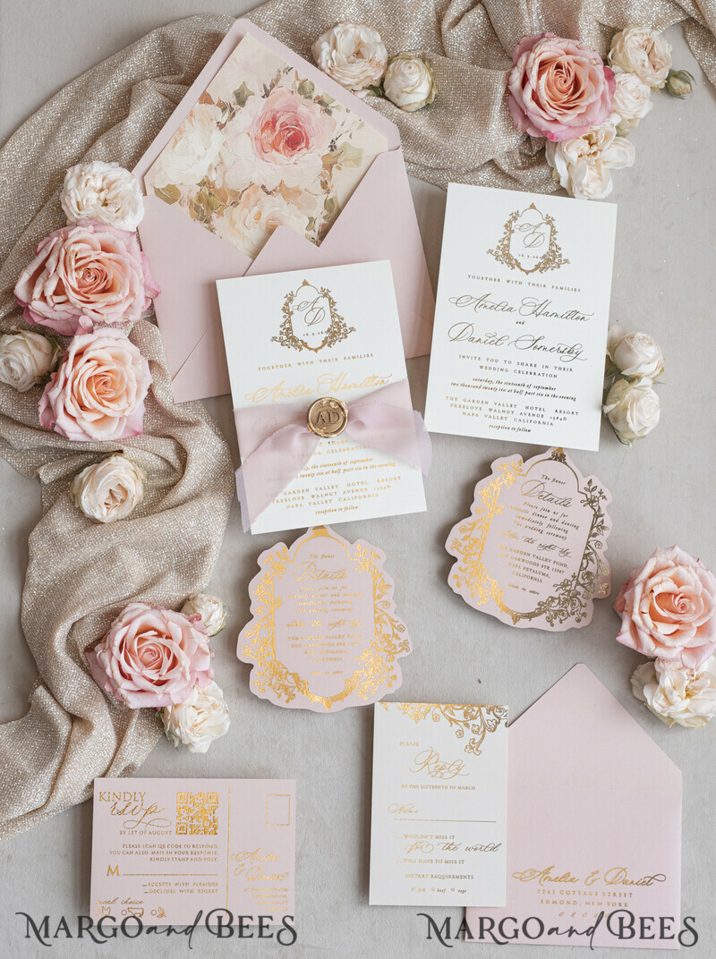 Vintage Baroque Wedding Invitation suite Beige Golden Fine art Roses Wedding Invitations with rsvp Victorian wedding crest Chinoiserie Invites Royal Ornamental frame-13