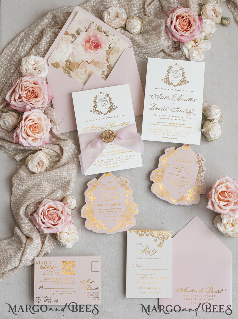 Vintage Baroque Wedding Invitation suite Beige Golden Fine art Roses Wedding Invitations with rsvp Victorian wedding crest Chinoiserie Invites Royal Ornamental frame-14