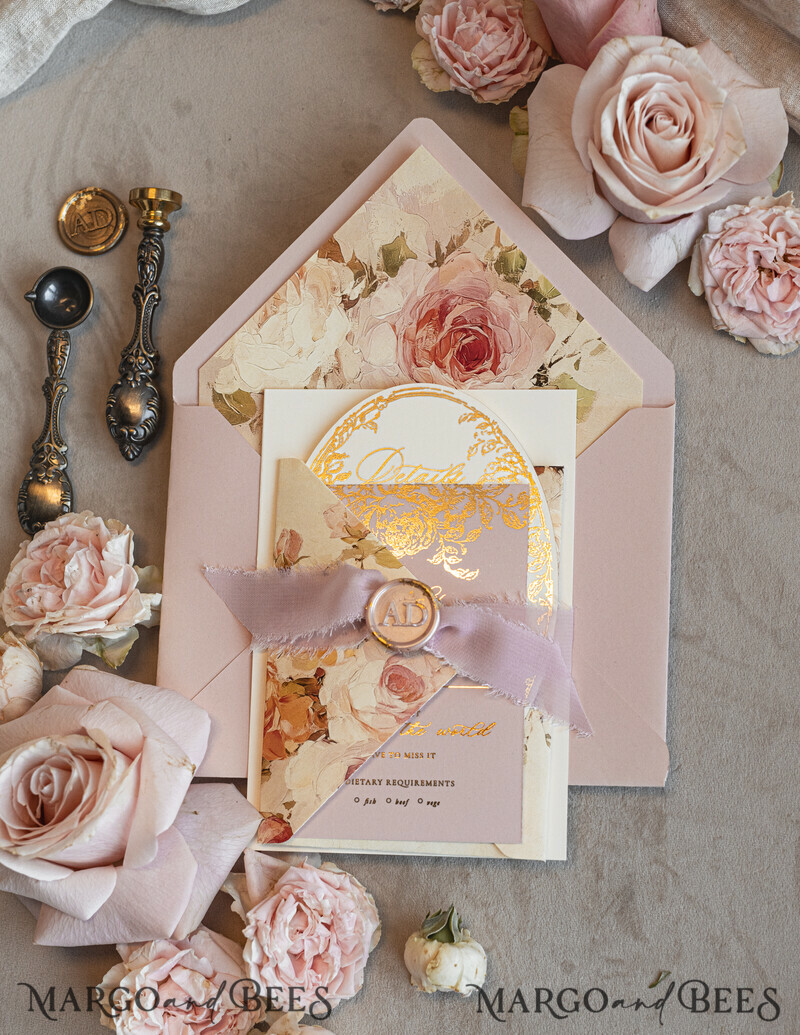 Vintage Baroque Wedding Invitation suite Beige Golden Fine art Roses Wedding Invitations with rsvp Victorian wedding crest Chinoiserie Invites Royal Ornamental frame-13