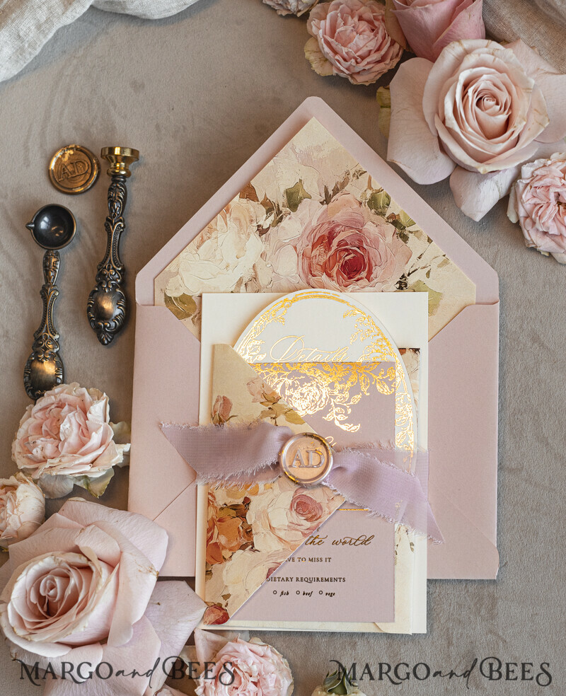 Vintage Baroque Wedding Invitation suite Beige Golden Fine art Roses Wedding Invitations with rsvp Victorian wedding crest Chinoiserie Invites Royal Ornamental frame-14