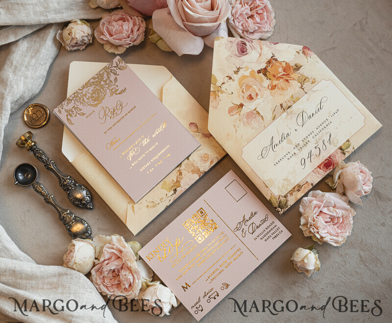 Vintage Baroque Wedding Invitation suite Beige Golden Fine art Roses Wedding Invitations with rsvp Victorian wedding crest Chinoiserie Invites Royal Ornamental frame-15