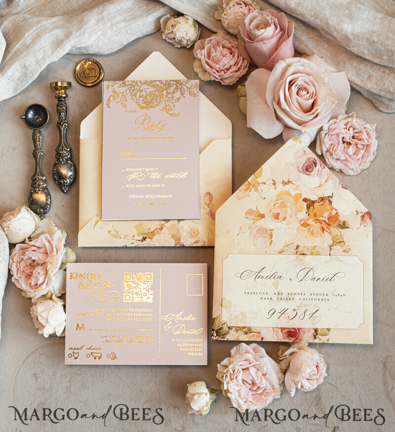 Vintage Baroque Wedding Invitation suite Beige Golden Fine art Roses Wedding Invitations with rsvp Victorian wedding crest Chinoiserie Invites Royal Ornamental frame-16