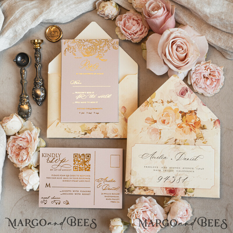 Vintage Baroque Wedding Invitation suite Beige Golden Fine art Roses Wedding Invitations with rsvp Victorian wedding crest Chinoiserie Invites Royal Ornamental frame-17