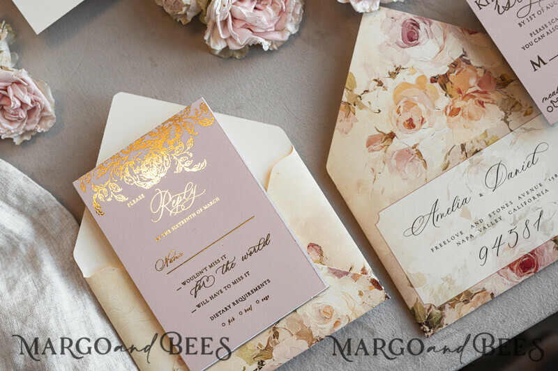 Vintage Baroque Wedding Invitation suite Beige Golden Fine art Roses Wedding Invitations with rsvp Victorian wedding crest Chinoiserie Invites Royal Ornamental frame-3