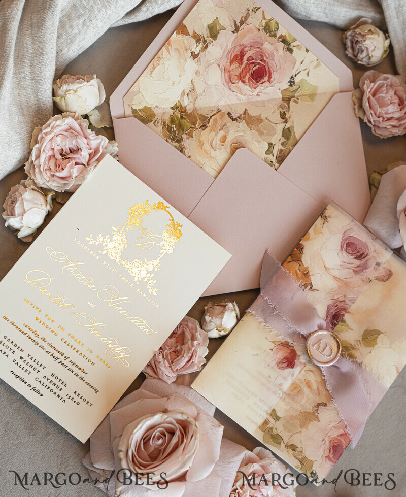 Vintage Baroque Wedding Invitation suite Beige Golden Fine art Roses Wedding Invitations with rsvp Victorian wedding crest Chinoiserie Invites Royal Ornamental frame-22