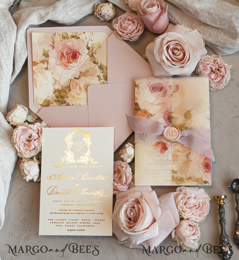 Vintage Baroque Wedding Invitation suite Beige Golden Fine art Roses Wedding Invitations with rsvp Victorian wedding crest Chinoiserie Invites Royal Ornamental frame-23