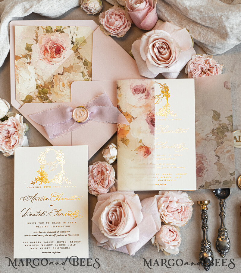 Vintage Baroque Wedding Invitation suite Beige Golden Fine art Roses Wedding Invitations with rsvp Victorian wedding crest Chinoiserie Invites Royal Ornamental frame-25