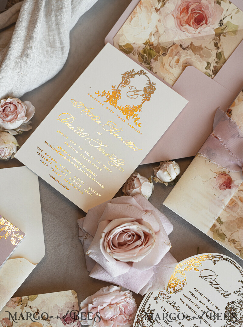 Vintage Baroque Wedding Invitation suite Beige Golden Fine art Roses Wedding Invitations with rsvp Victorian wedding crest Chinoiserie Invites Royal Ornamental frame-9