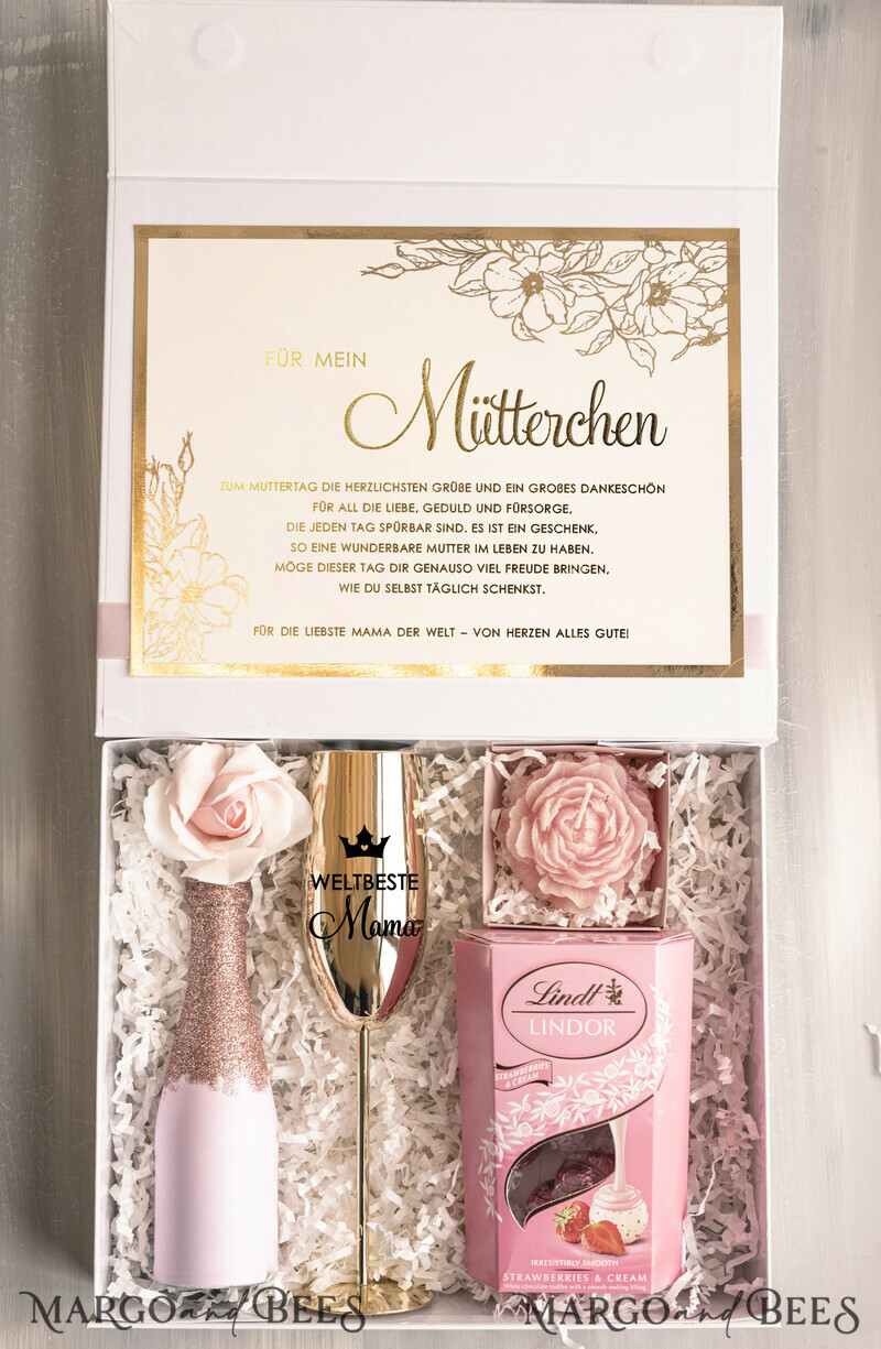 Edles Muttertagsgeschenk: Geschenkbox mit Lindor Pralinen, glitzerndem Sekt, Rosenkerze & Champagnerglas – liebevolle Überraschung für Mama-0